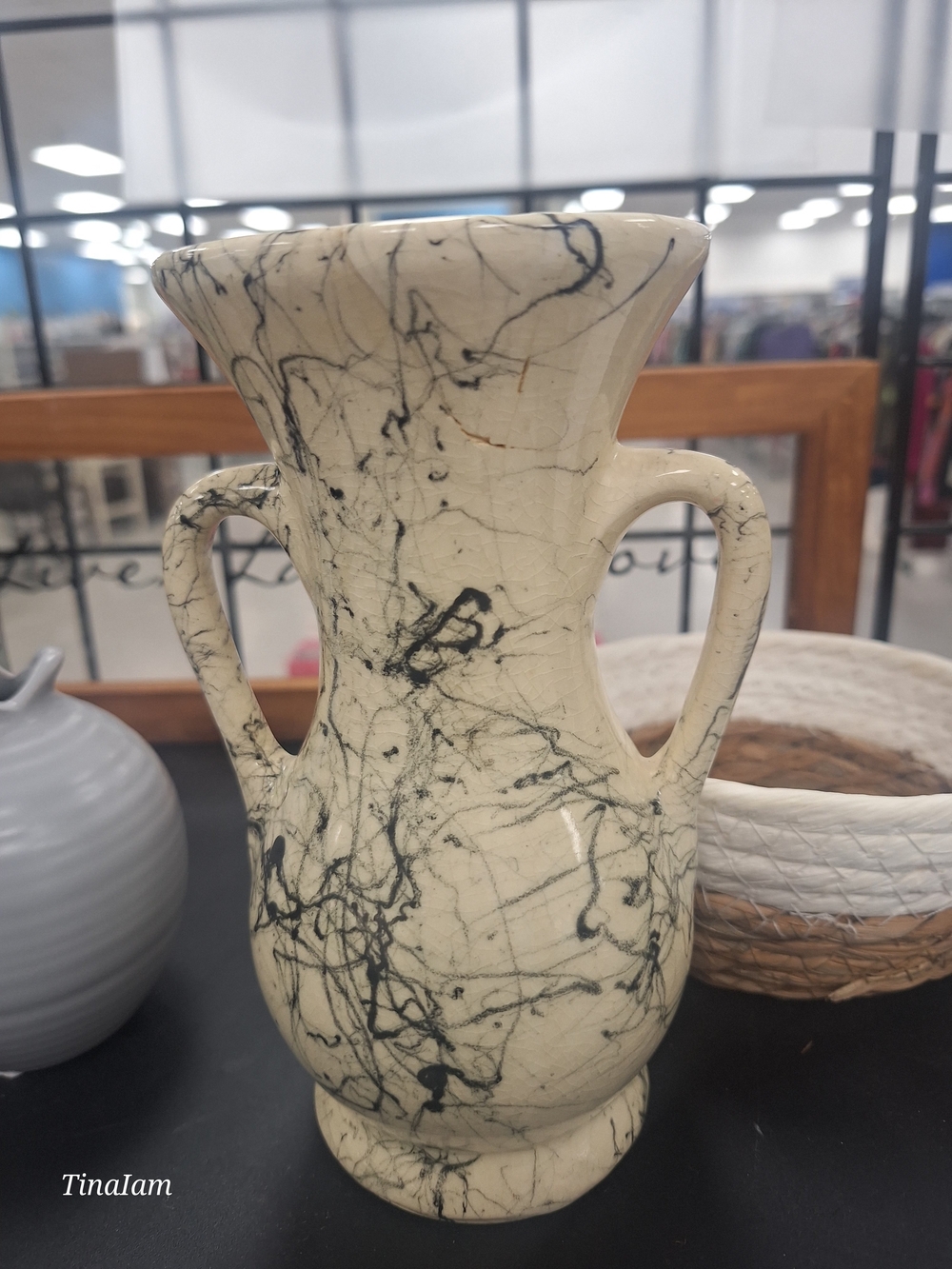 McCoy Cream and Black Marble-Effect Double-Handled Vase